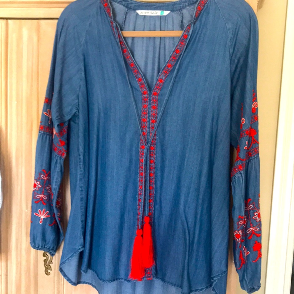 Embroidery detail chambray top